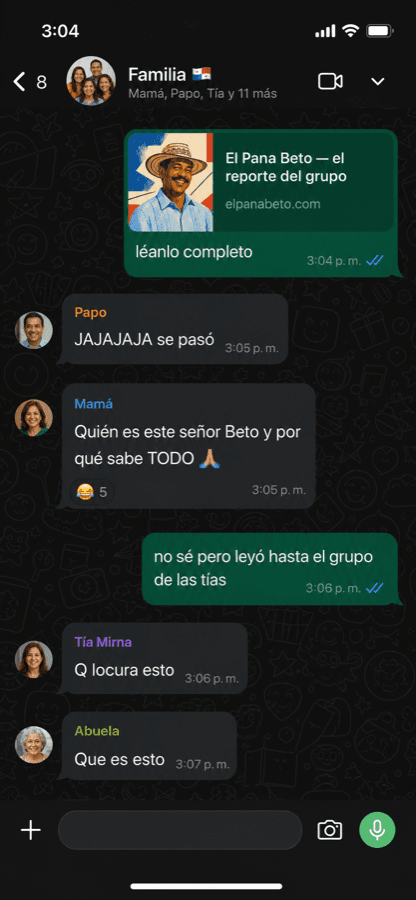 Un grupo familiar reaccionando en WhatsApp a su reporte de El Pana Beto
