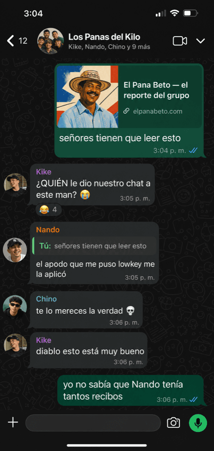 Un grupo de amigos reaccionando en WhatsApp a su reporte de El Pana Beto